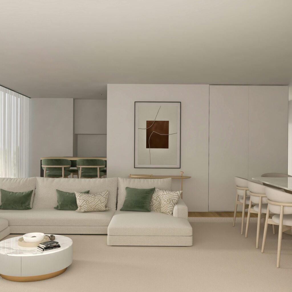 Salon beige épurée avec divan et coté de table